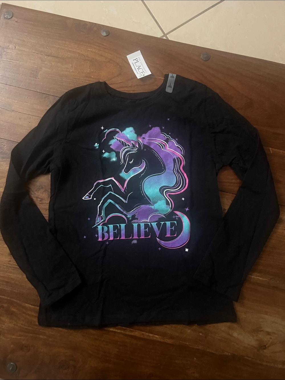 The Children's Place girl’s Black Long-Sleeve Tee w/Purple & Teal Unicorn Graph